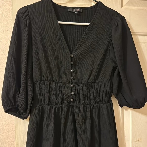 Black Button Front Fitted Puff Sleeve Skater Dress - Picture 8 of 8